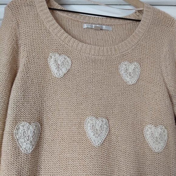 Lauren Conrad LC Pink Sparkle Knit Sweater Lace Heart Applique Large Long Sleeve - Picture 2 of 11